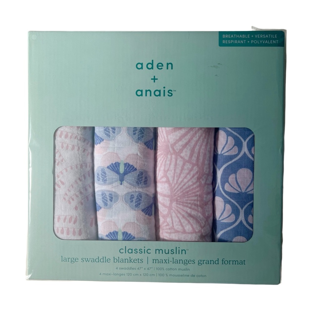 NWT: Aden + Anais Large Swaddle Blankets, Classic Muslin, 4 swaddles